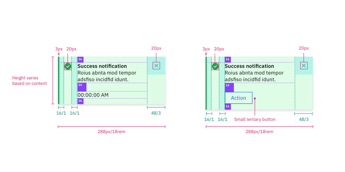 Structure and spacing for a toast notification